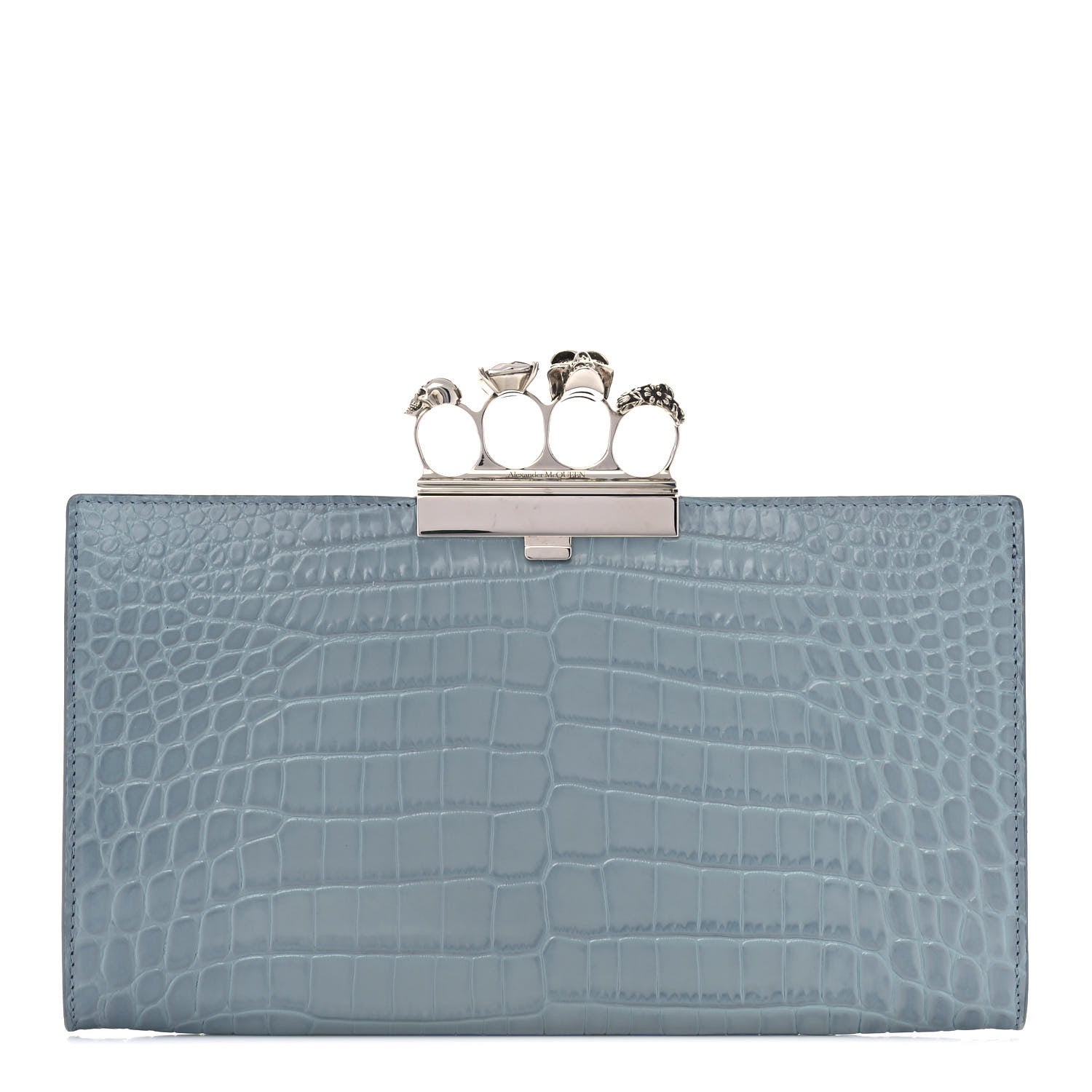 Alexander McQueen Calfskin Crocodile Embossed Knuckle Flat Clutch Black 1 of 11