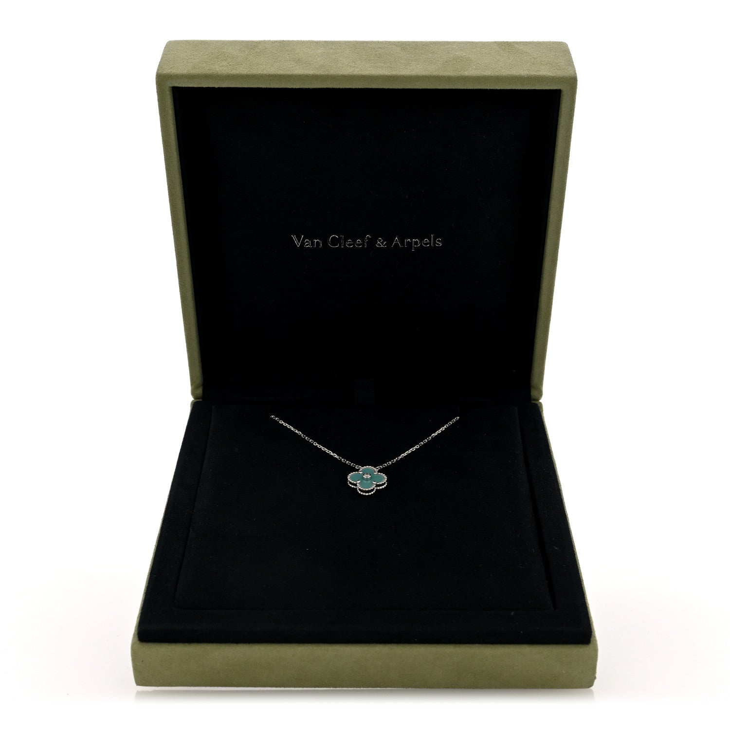 Van Cleef & Arpels 18K White Gold Diamond Celadon Green Sevres Porcelain Vintage Alhambra Pendant Necklace 5 of 5