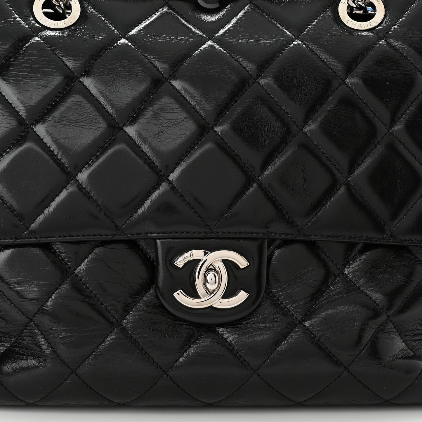 Glazed Calfskin Quilted Large CC Delivery Tote Black