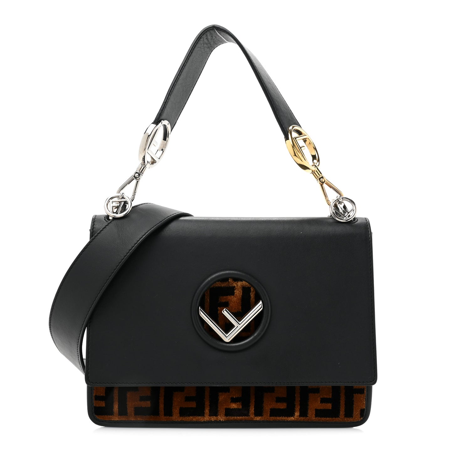 Vitello Century Velvet F is Fendi FF Kan I Shoulder Bag Black Tobacco