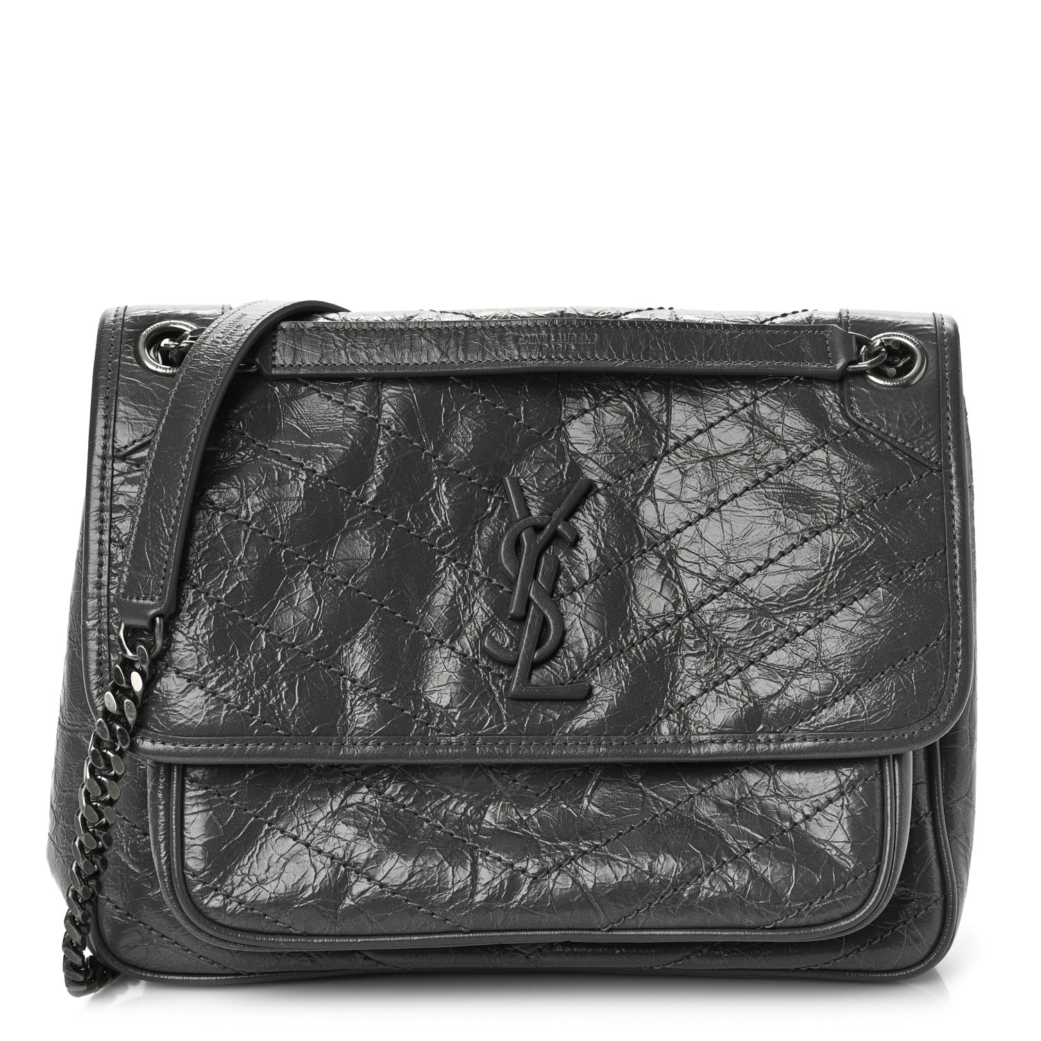 Saint Laurent Crinkled Calfskin Matelasse Monogram Medium Niki Chain Satchel Storm 1 of 8