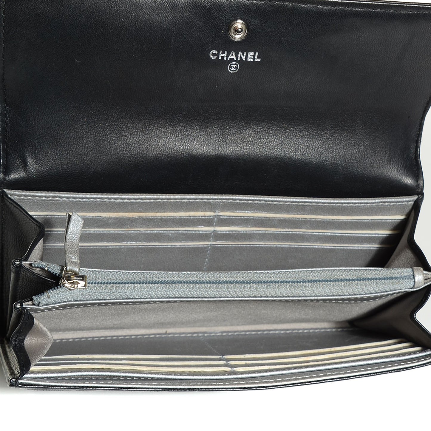 Lambskin Embossed Camellia Large Gusset Flap Wallet Black