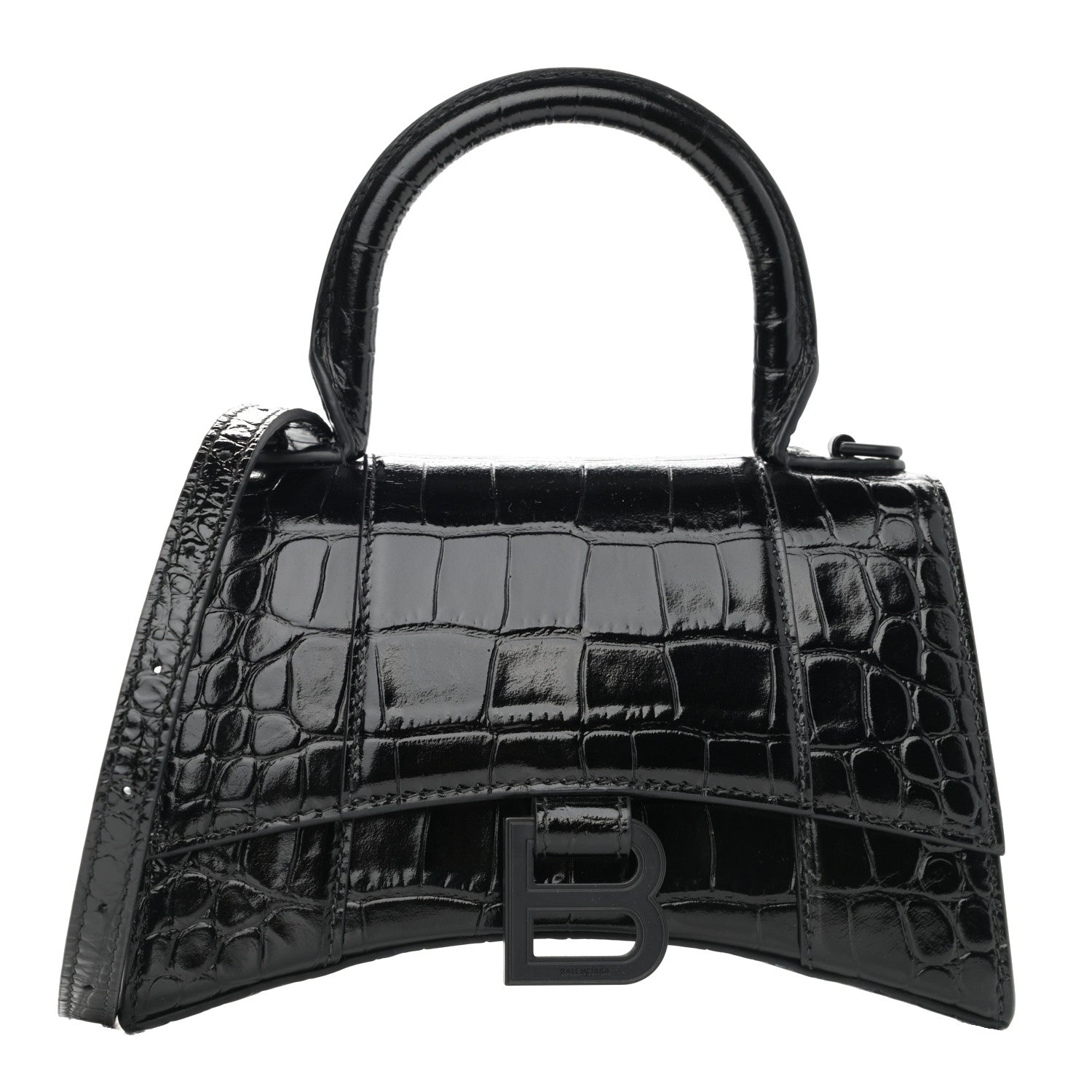 Balenciaga Shiny Calfskin Monochrome Crocodile Embossed Hourglass Top Handle Bag XS Black 1 of 11