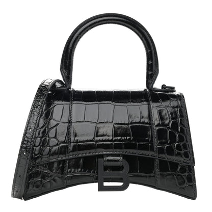 Balenciaga Shiny Calfskin Monochrome Crocodile Embossed Hourglass Top Handle Bag XS Black 1 of 11