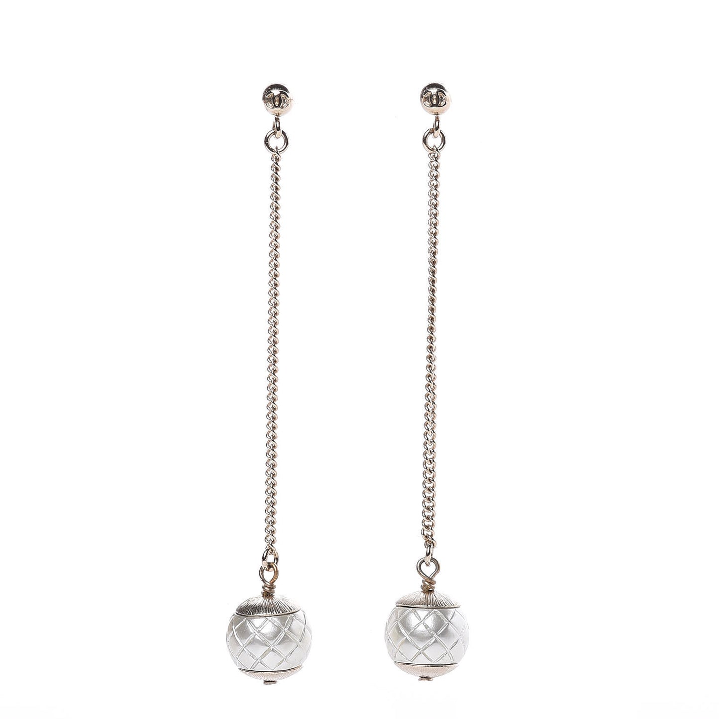 Metal Pearl Quilted CC Drop Earrings Gold