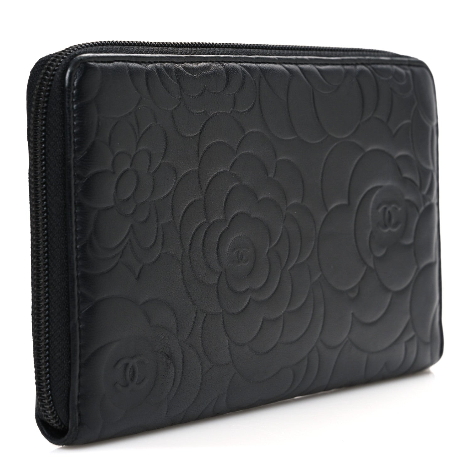 Chanel Lambskin Camellia Embossed Zip Around Organizer Wallet Black 3 of 9
