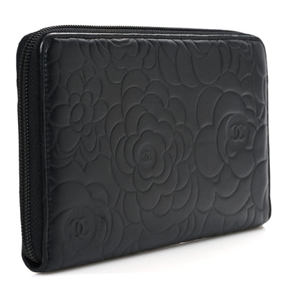 Chanel Lambskin Camellia Embossed Zip Around Organizer Wallet Black 3 of 9