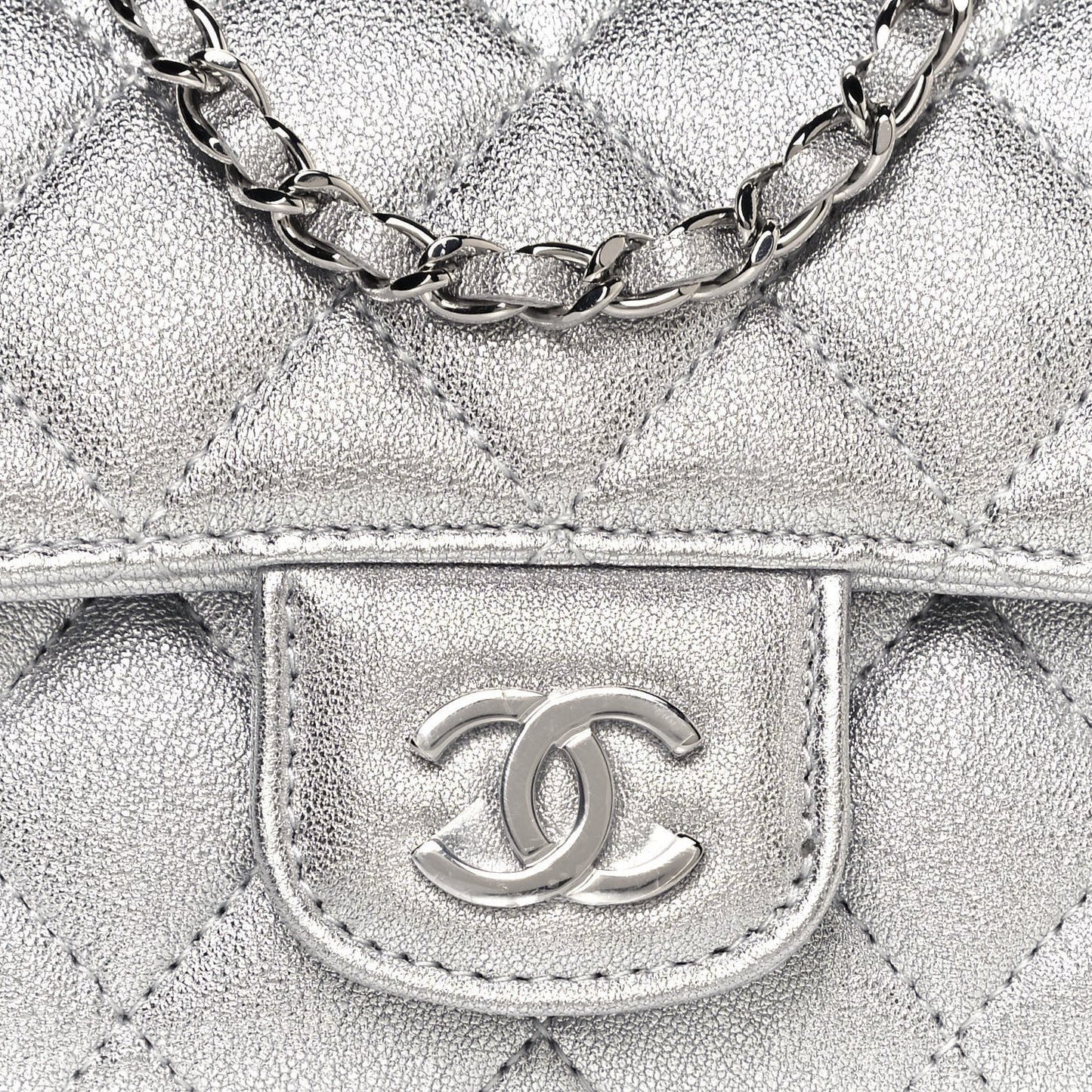 Metallic Lambskin Quilted Glasses Case With Chain Silver