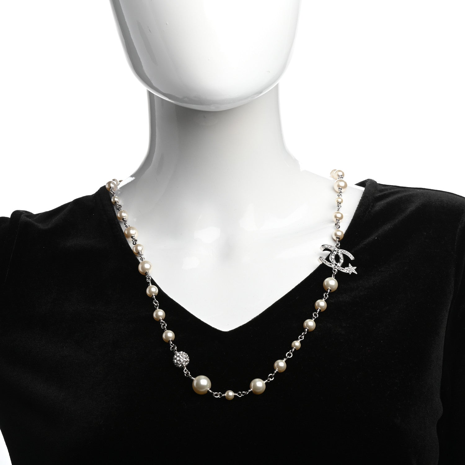 Chanel Pearl Crystal CC Starfall Necklace Silver 2 of 5