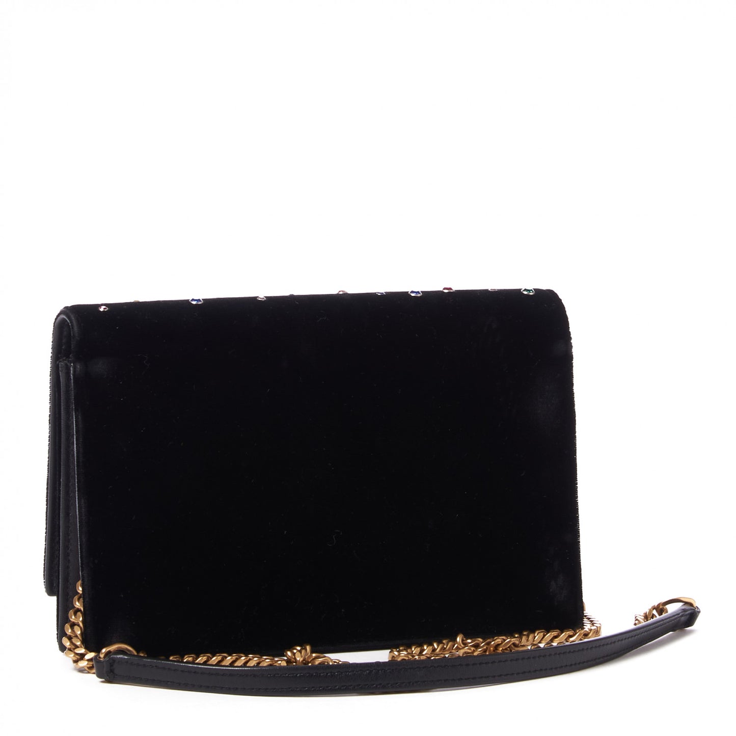 Velvet Crystal Embellished Monogram Kate Chain Wallet Black