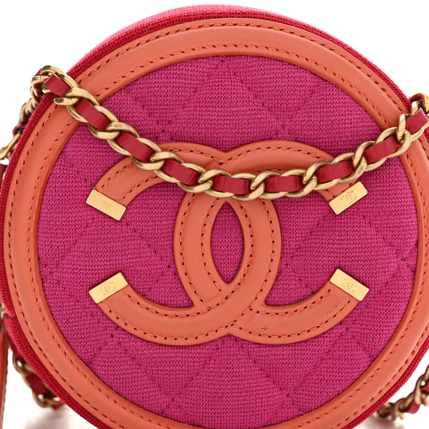 Chanel Jersey Quilted CC Filigree Round Clutch With Chain Pink Red Orange 8 of 10