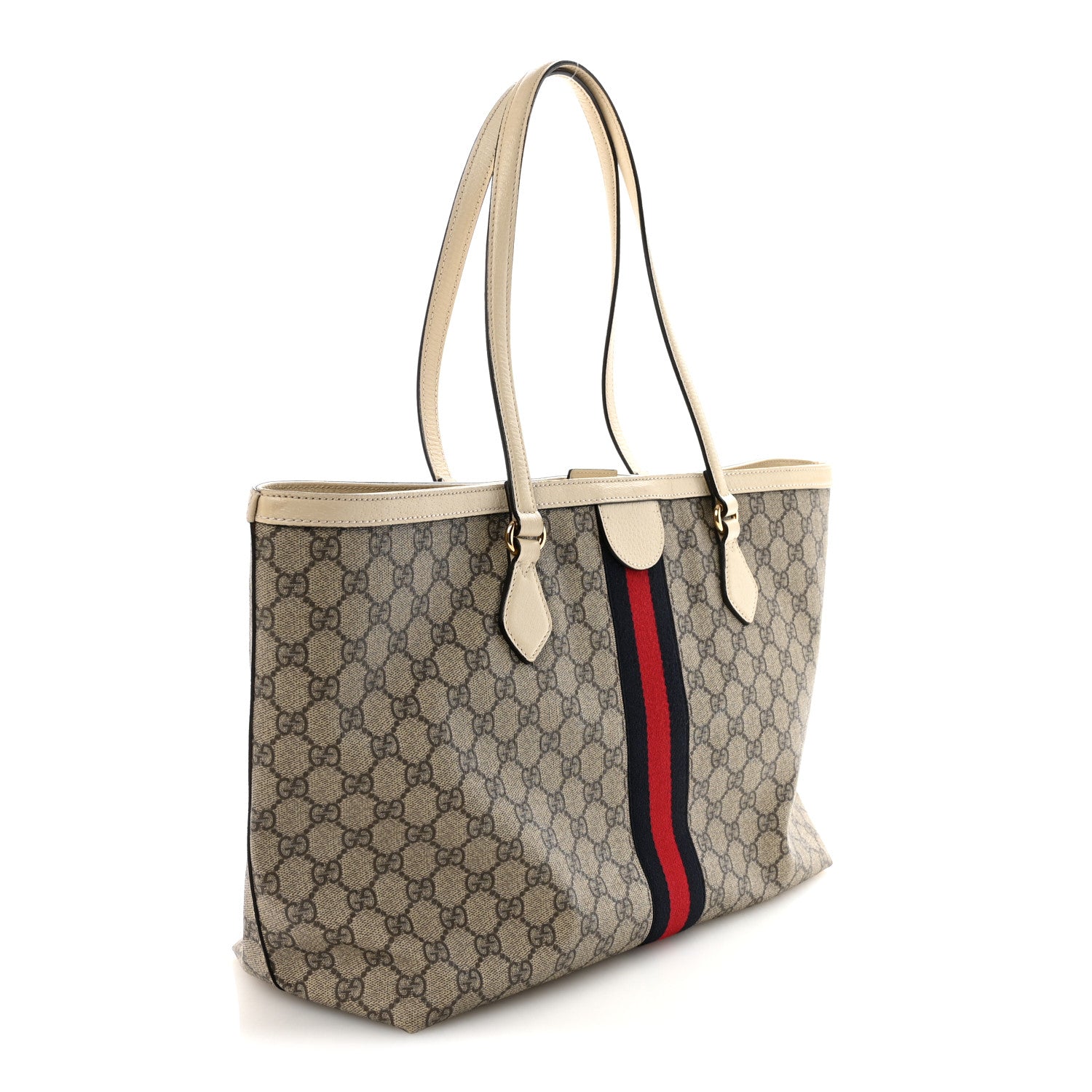 Gucci GG Supreme Monogram Textured Calfskin Web Medium Ophidia Shopping Tote Beige Ebony Mystic White 3 of 10