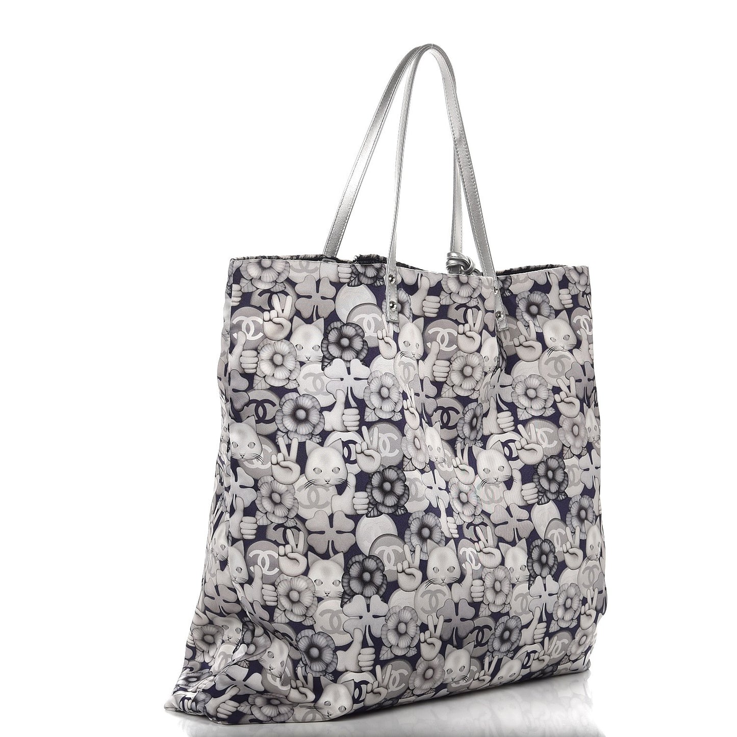 Nylon Cat Emoticon Tote Navy Silver