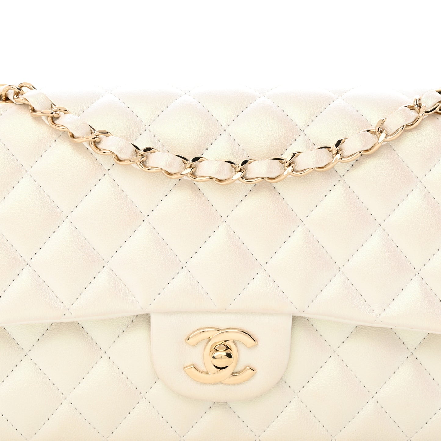 Iridescent Calfskin Quilted Medium Double Flap White