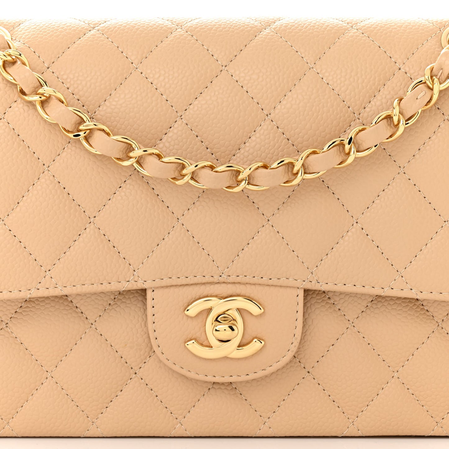 Caviar Quilted Medium Double Flap Beige