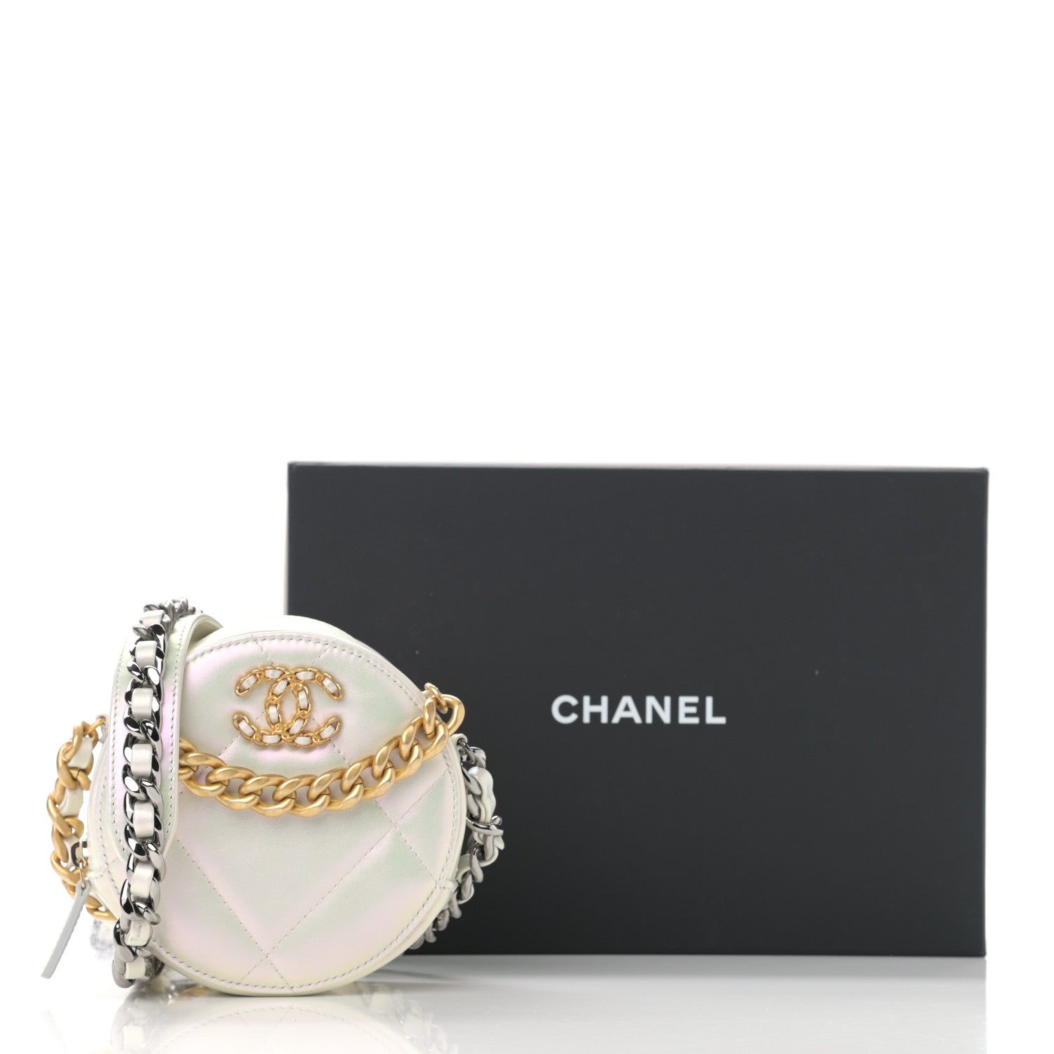 Chanel Iridescent Calfskin Quilted Chanel 19 Round Clutch With Chain White 12 of 12