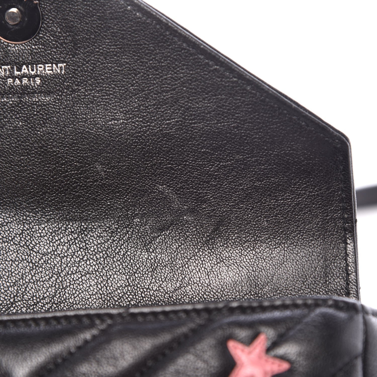 Saint Laurent Calfskin Matelasse Chevron Heart Patchwork Monogram College Chain Wallet Black 7 of 7