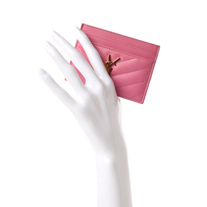 Saint Laurent Grain De Poudre Matelasse Chevron Monogram Credit Card Case Indian Pink 2 of 10