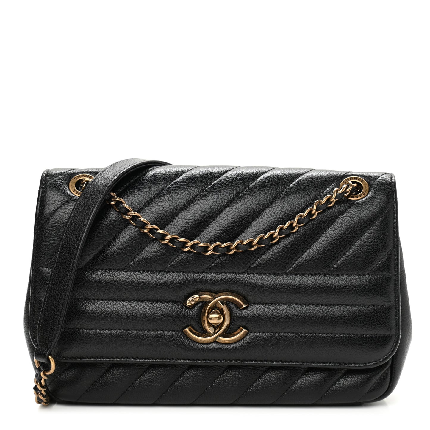 Shiny Goatskin Diagonal Quilted Small Flap Black