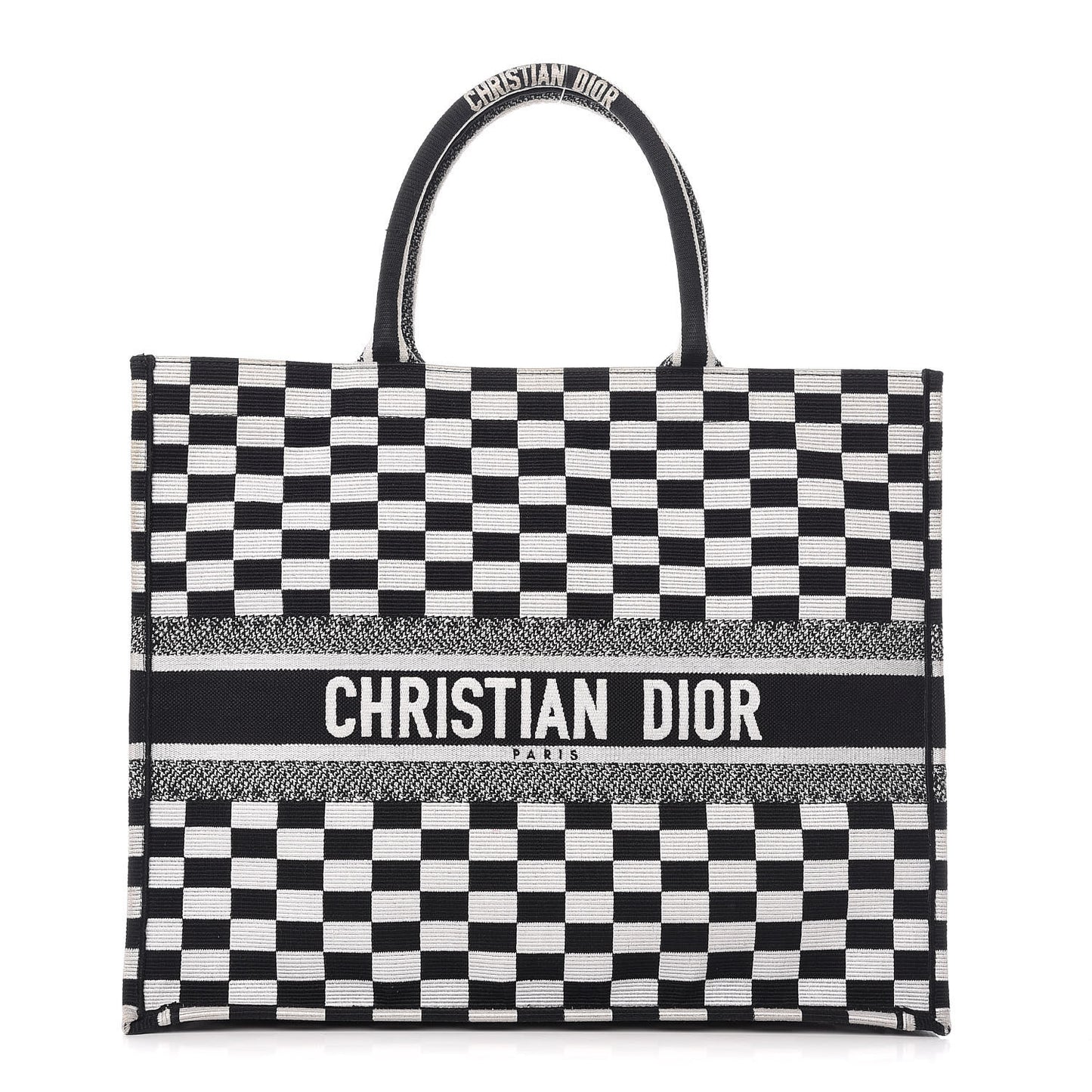 Canvas Embroidered Checkered Book Tote Black White