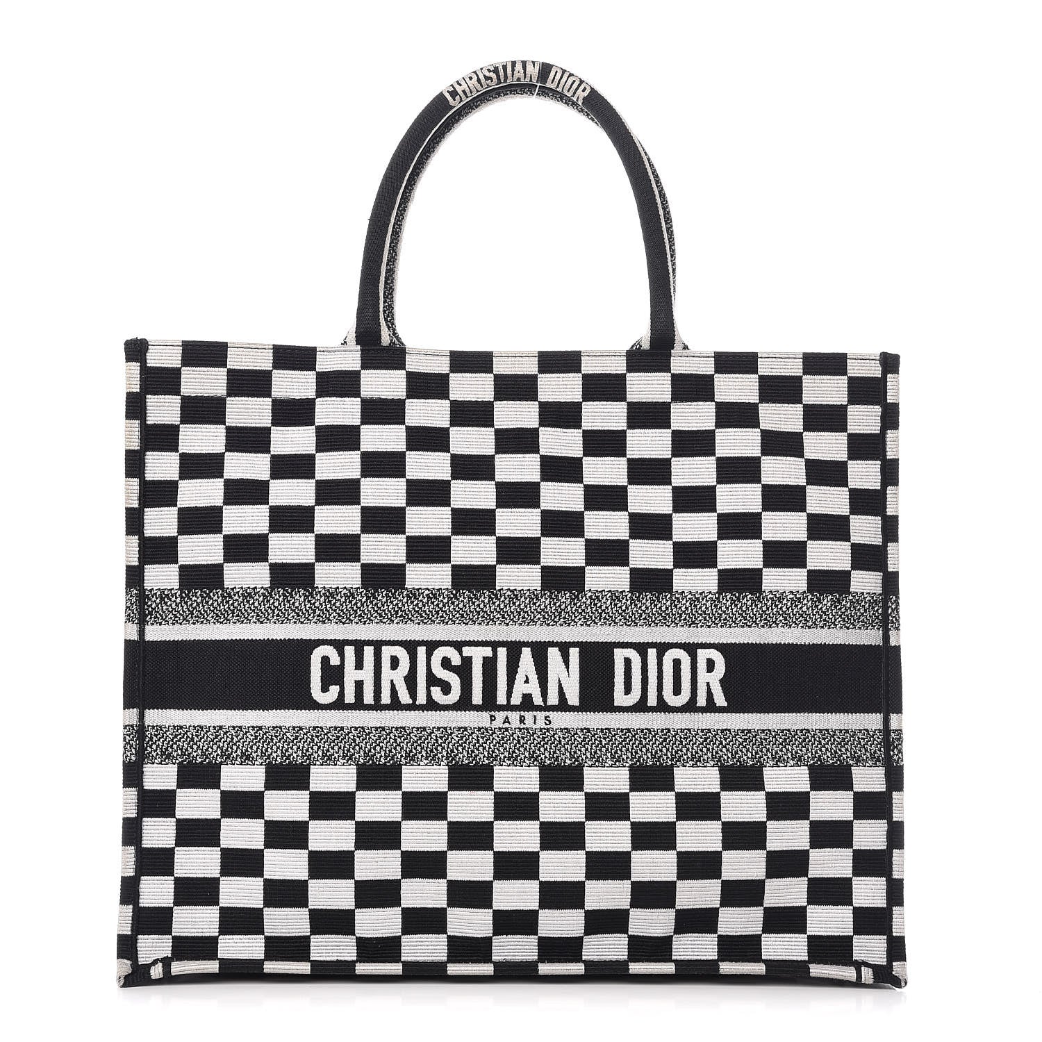 Christian Dior Canvas Embroidered Checkered Book Tote Black White 1 of 14