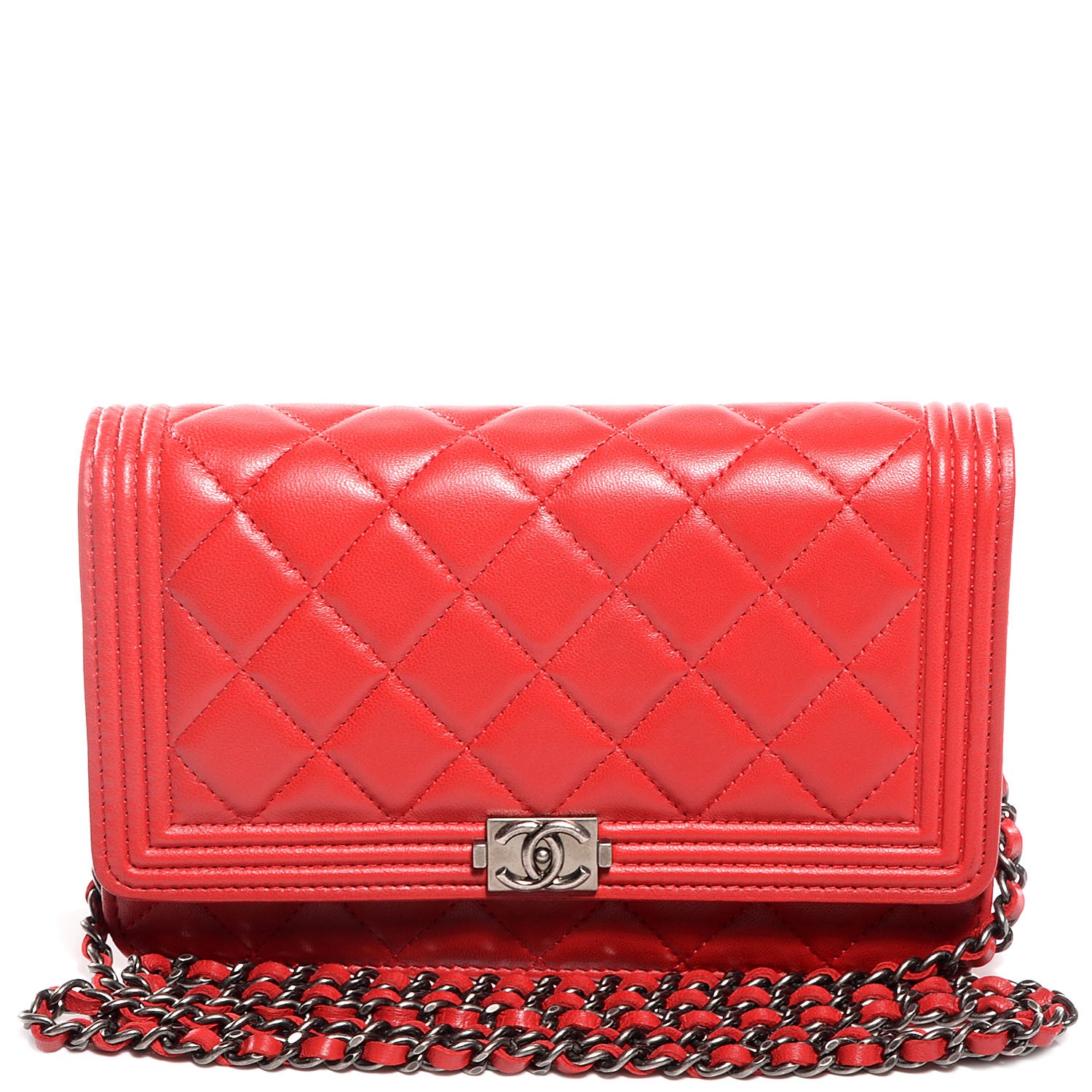 Chanel Lambskin Quilted Boy Wallet On Chain WOC Red 1 of 8