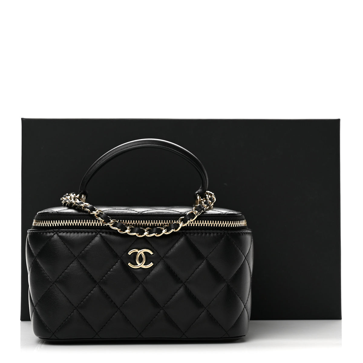 Lambskin Quilted Small Top Handle Vanity Case With Chain Black