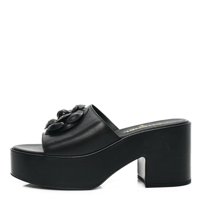 Chanel Lambskin Camellia Platform Mules 38.5 Black 1 of 8