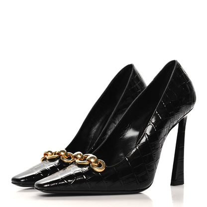 Saint Laurent Calfskin Crocodile Embossed Silvana Pumps 38 Black 4 of 9