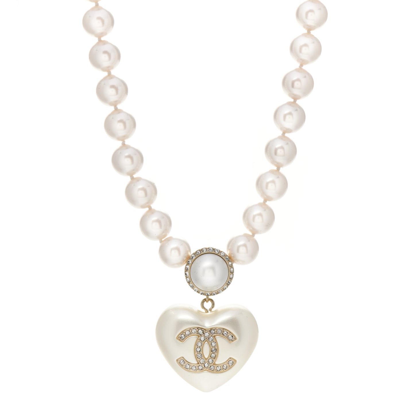 Pearl Crystal CC Heart Short Necklace Pearly White Gold