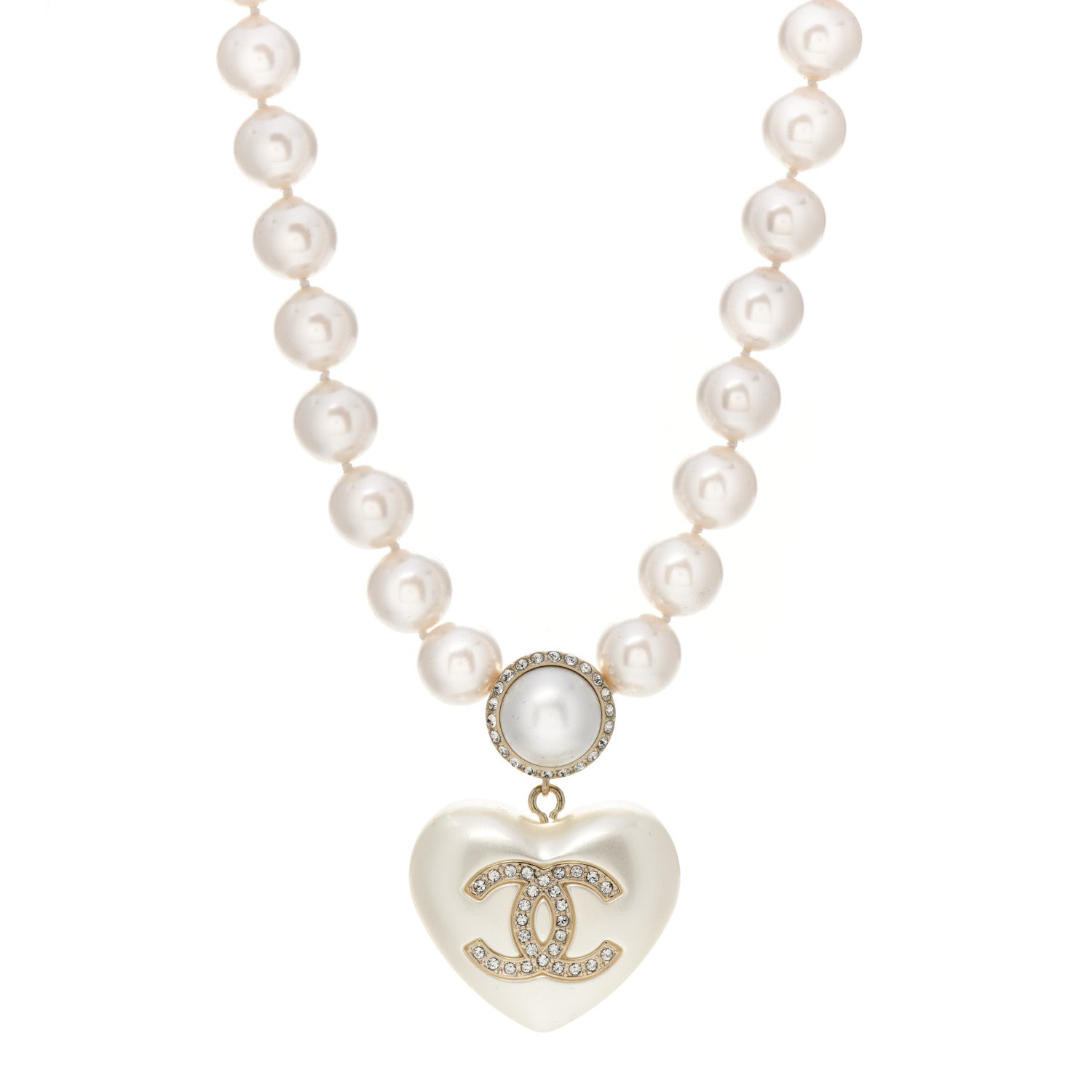 Chanel Pearl Crystal CC Heart Short Necklace Pearly White Gold 1 of 6