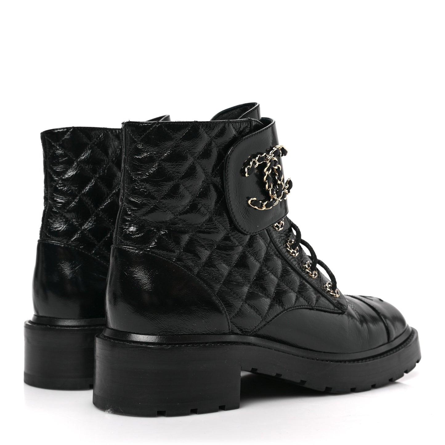 Shiny Calfskin Quilted Lace Up Combat Boots 40.5 Black