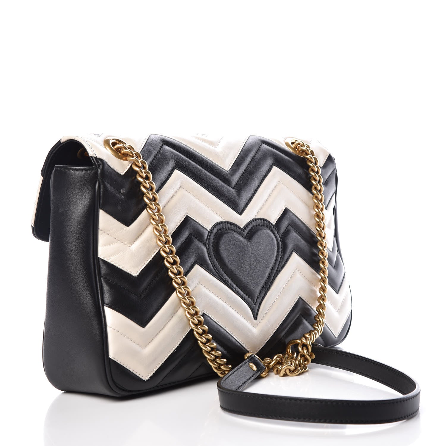 Gucci Calfskin Matelasse Medium GG Marmont Shoulder Bag Black White 4 of 14