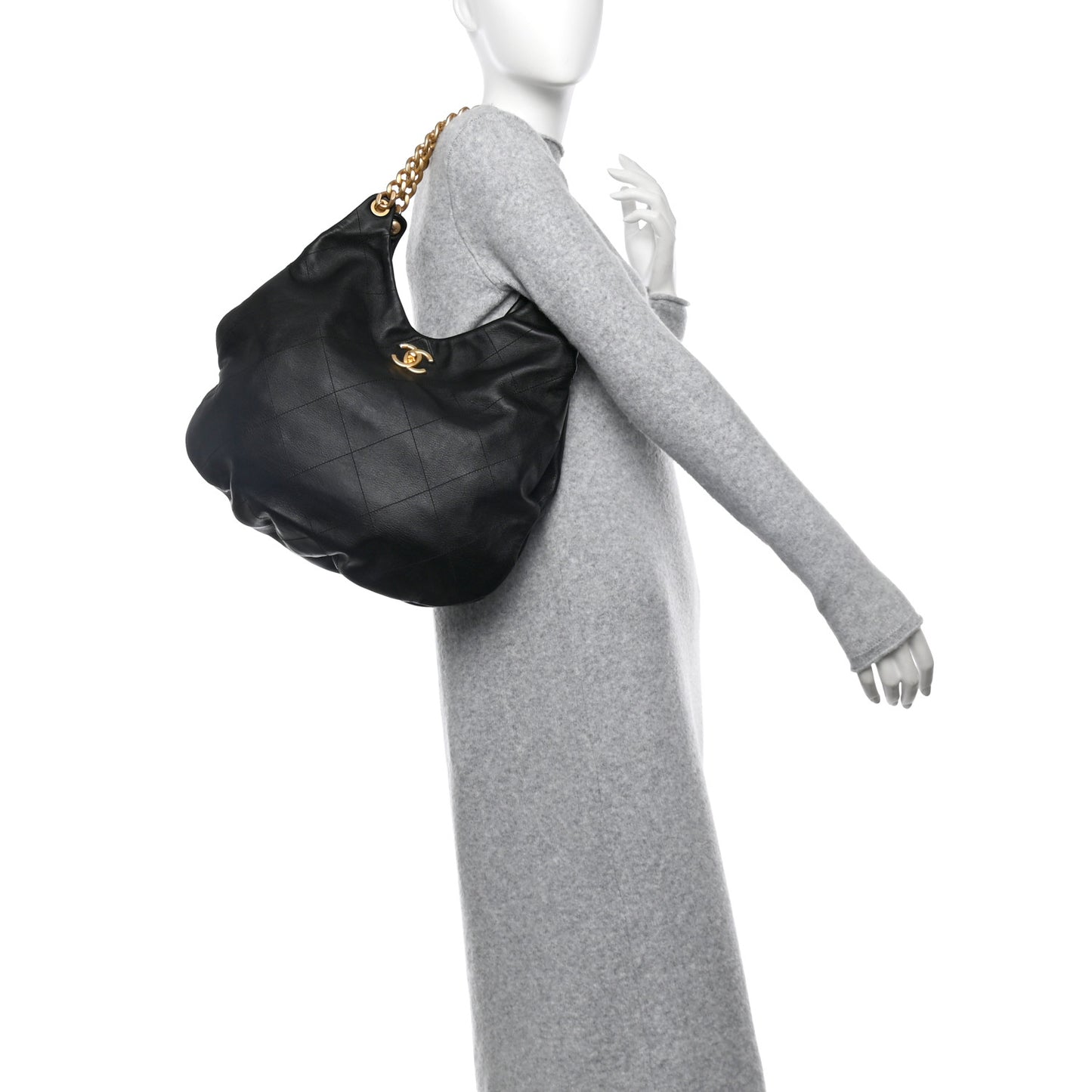 Calfskin Quilted Maxi Chain Hobo Black