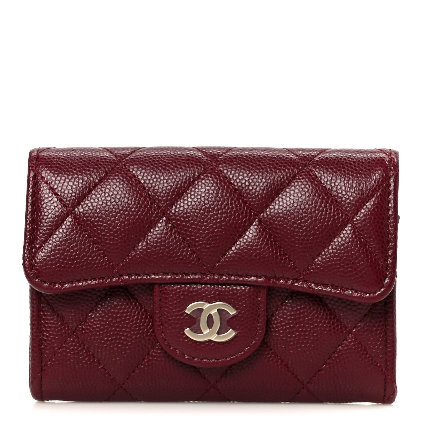 Caviar Quilted Flap Card Holder Wallet Burgundy