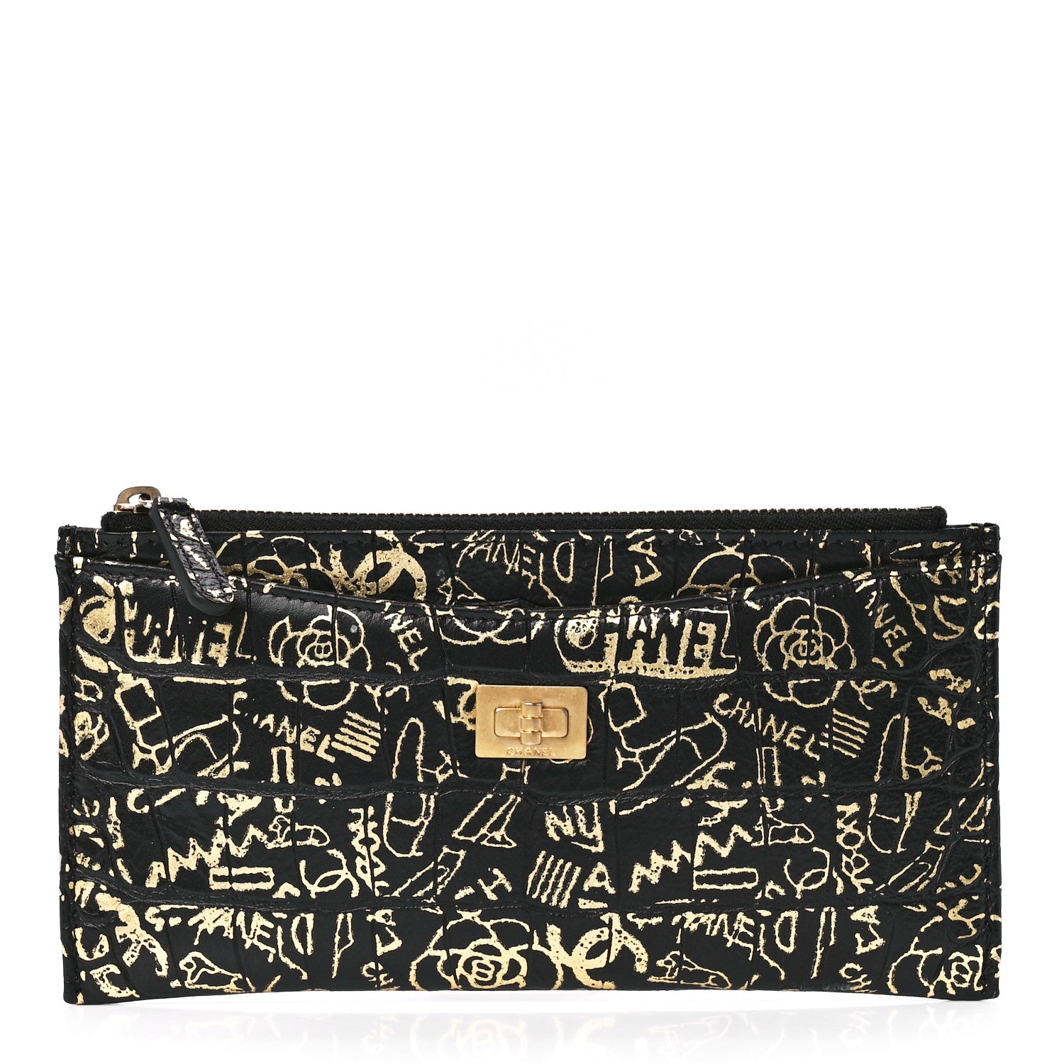 Chanel Calfskin Crocodile Embossed Graffiti 2.55 Cocodile Reissue Zip Pouch Black Gold 1 of 12