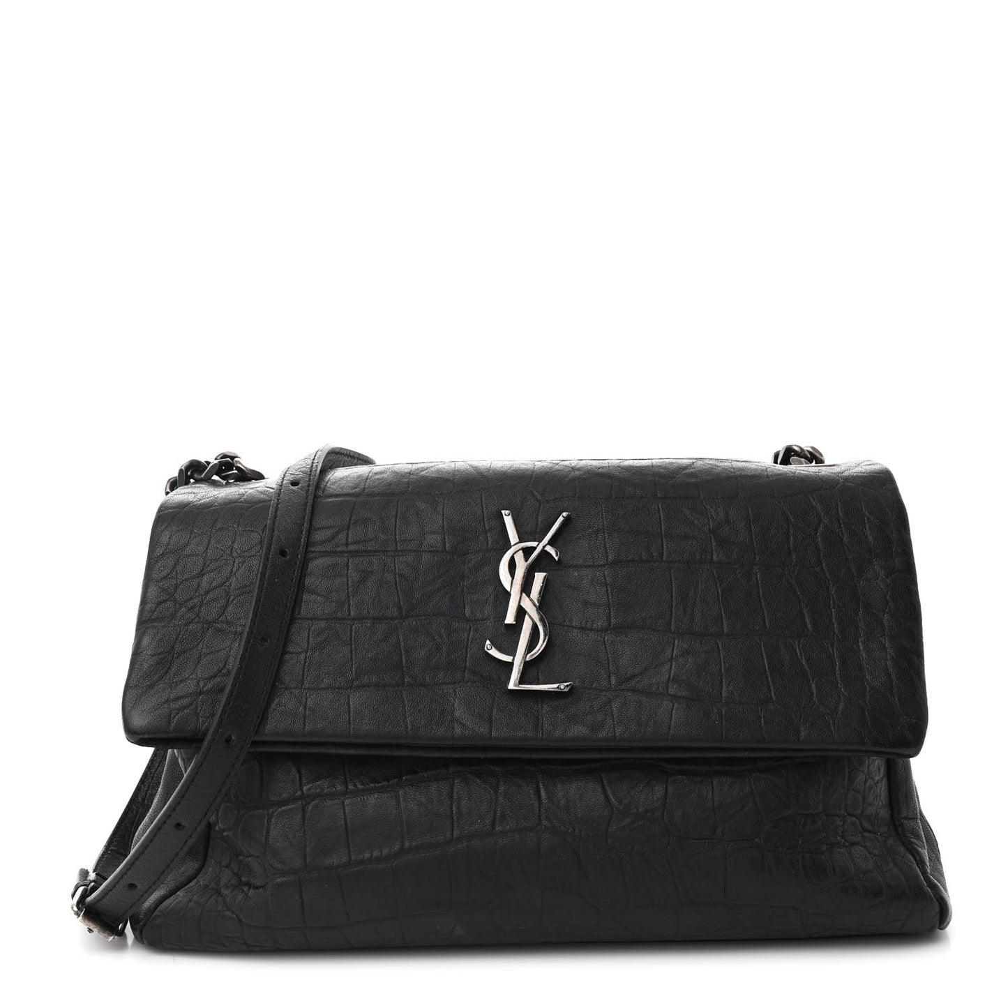 Calfskin Crocodile Embossed Medium West Hollywood Monogram Fold-Over Black
