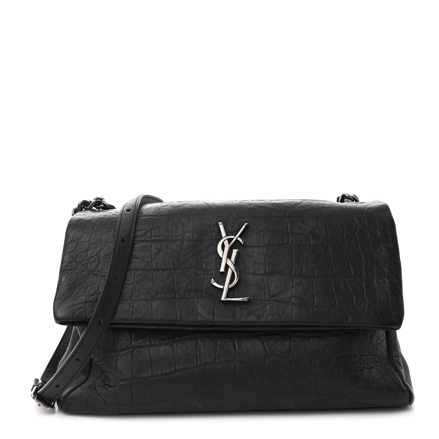 Saint Laurent Calfskin Crocodile Embossed Medium West Hollywood Monogram Fold-Over Black 1 of 12