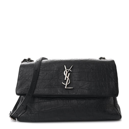 Saint Laurent Calfskin Crocodile Embossed Medium West Hollywood Monogram Fold-Over Black 1 of 12