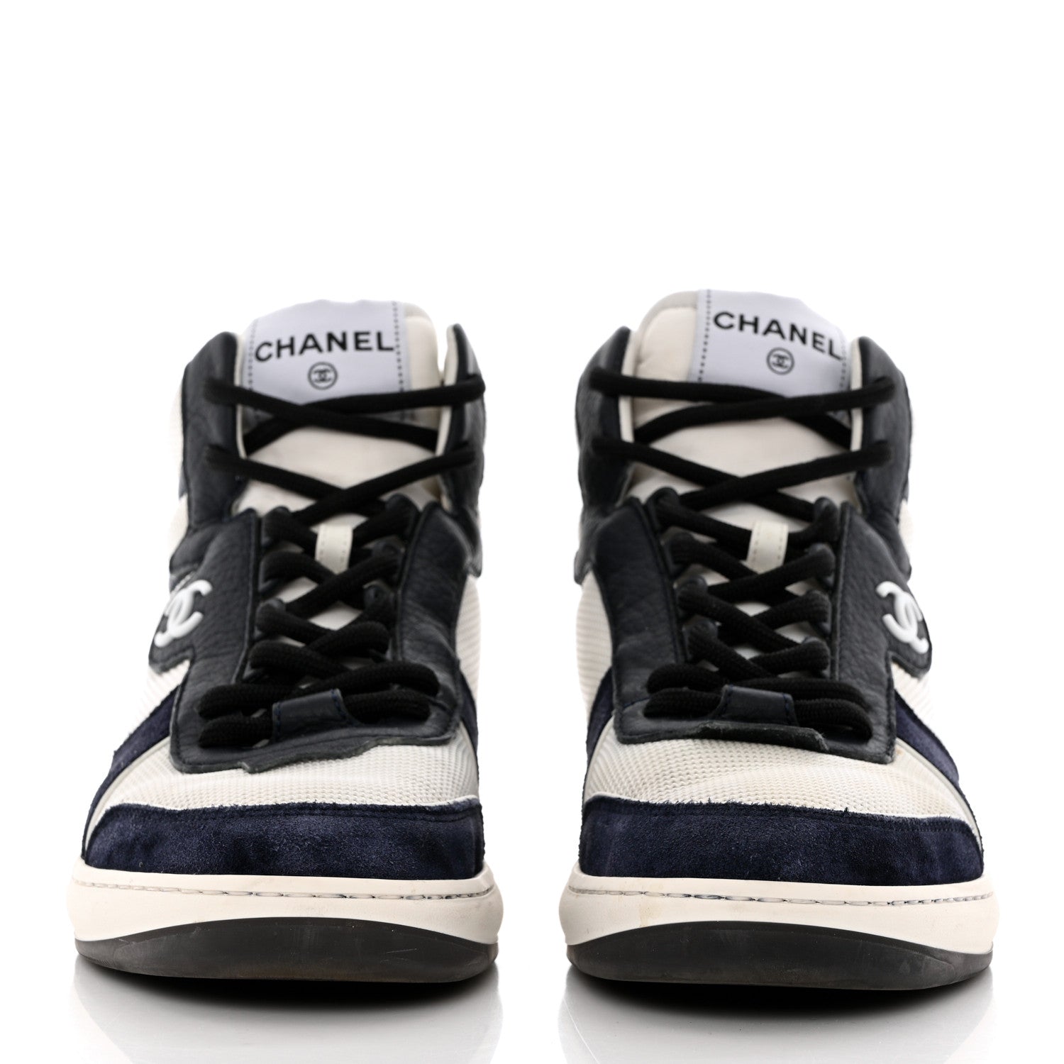 Chanel Suede Fabric Grained Calfskin Womens CC High Top Sneakers 39 White Navy 2 of 15
