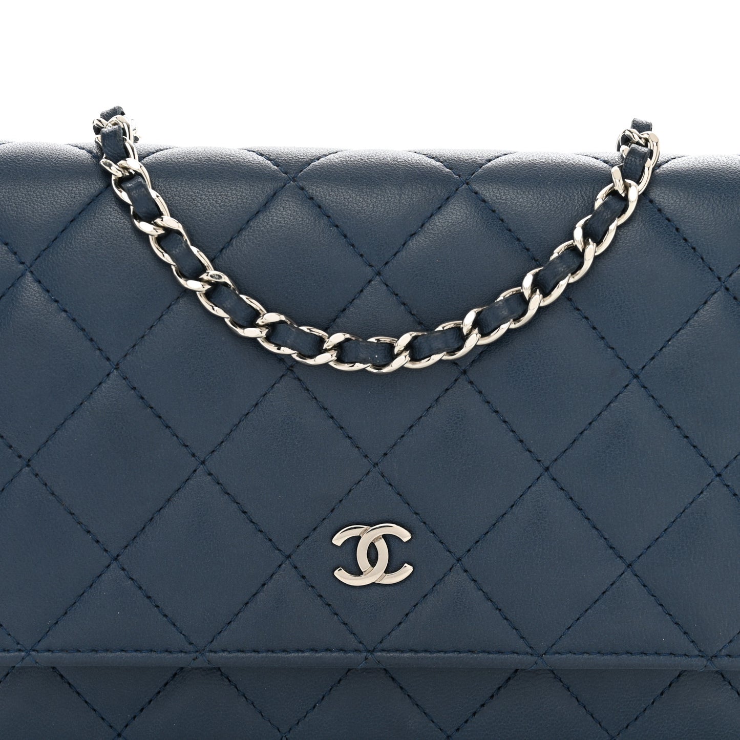 Lambskin Quilted Wallet On Chain WOC Navy Blue