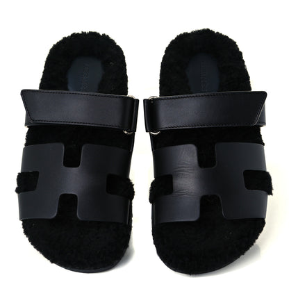 Hermes Calfskin Woolskin Womens Chypre Sandals 37 Black 5 of 12