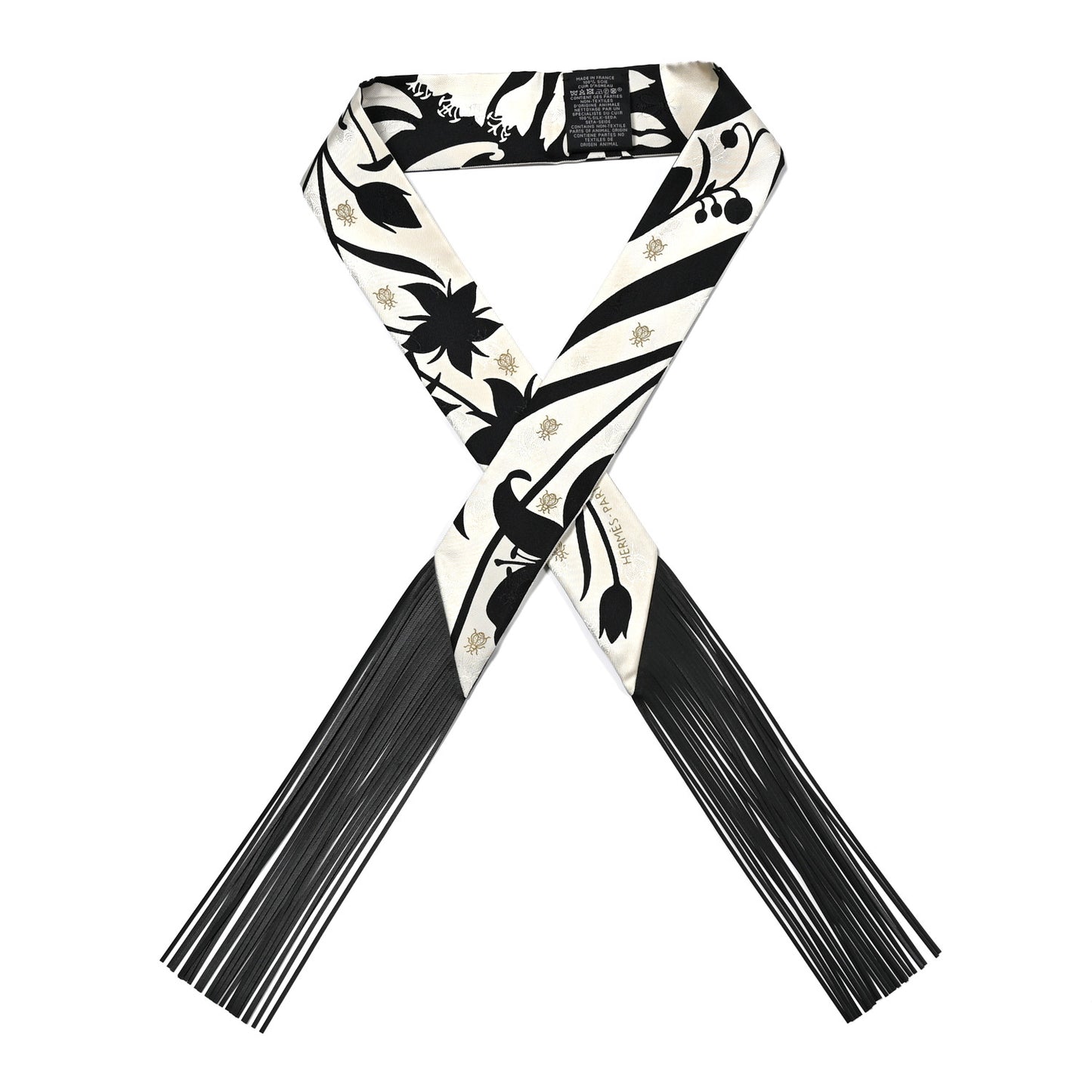 Silk Calfskin Bouquet Final Fringed Twilly Creme Black