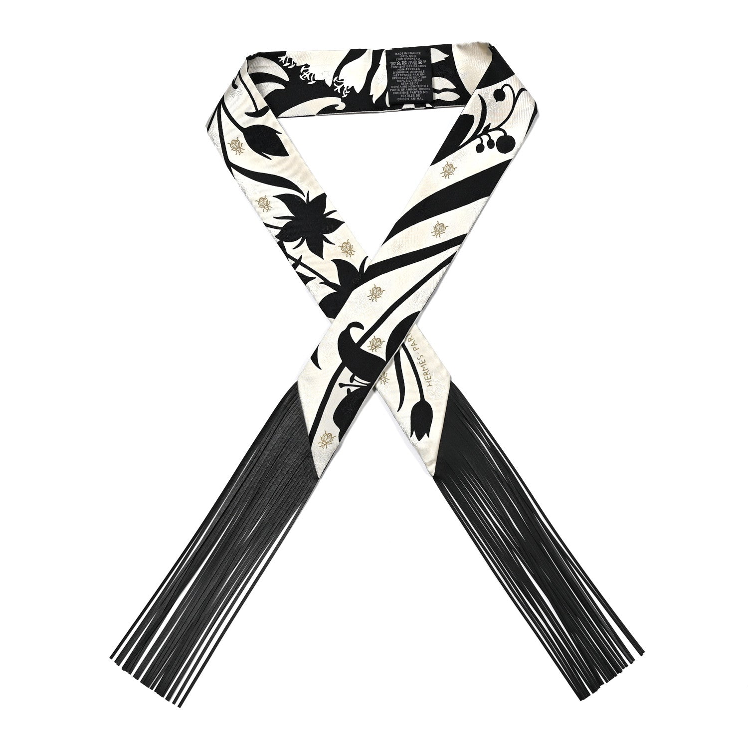 Hermes Silk Calfskin Bouquet Final Fringed Twilly Creme Black 1 of 4