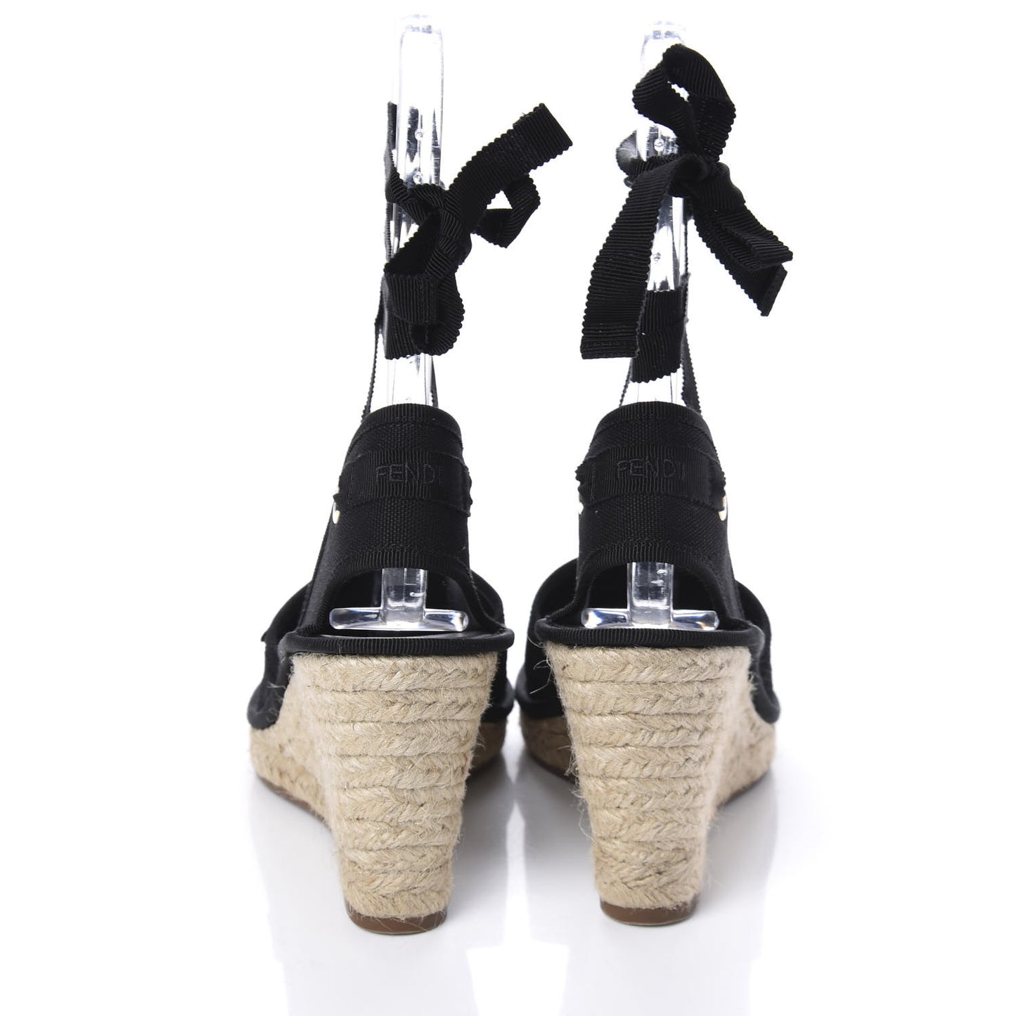 Canvas FF Embroidered Roma Ankle Wrap Espadrille Wedges 37 Black
