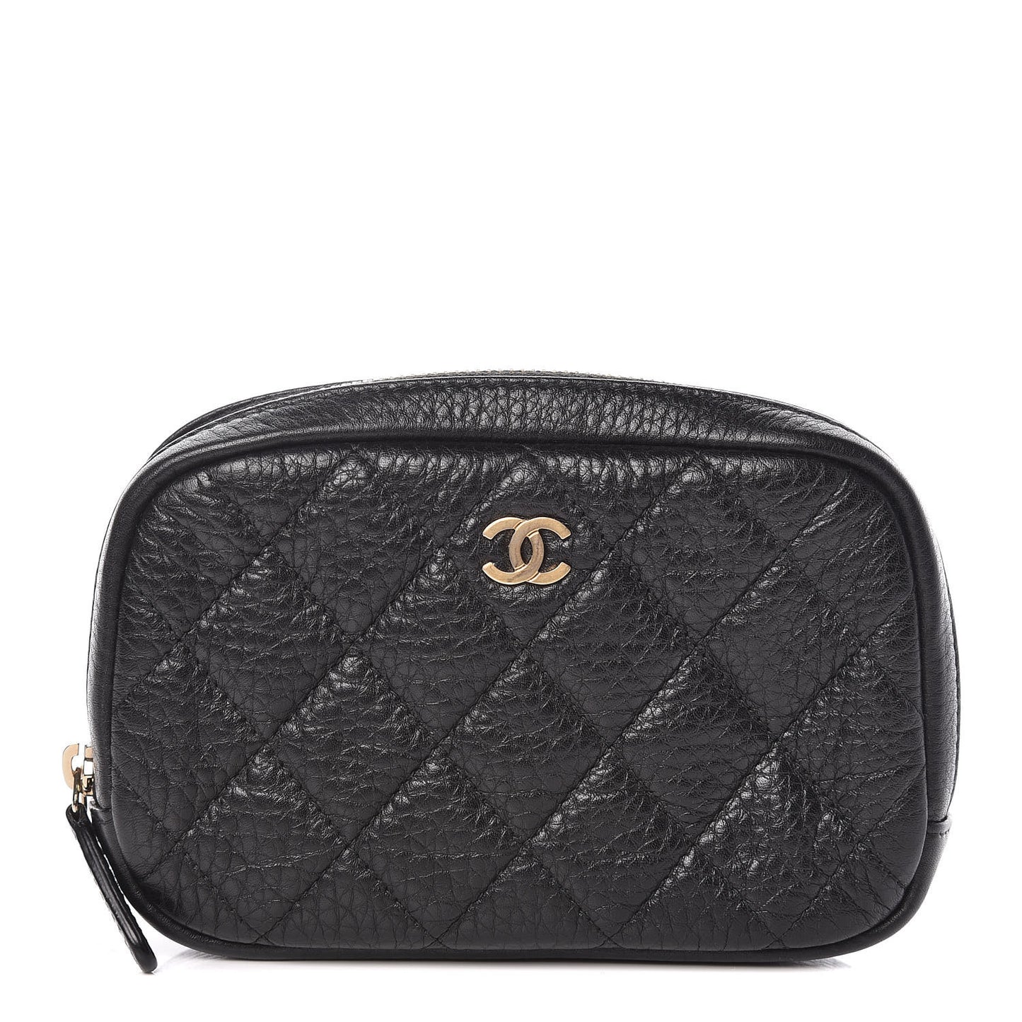Grained Calfskin Quilted Small Curvy Pouch Cosmetic Case Black