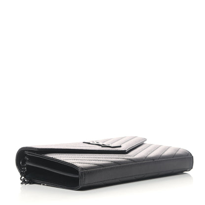 Saint Laurent Grain De Poudre Matelasse Chevron Monogram Chain Wallet Black 3 of 5