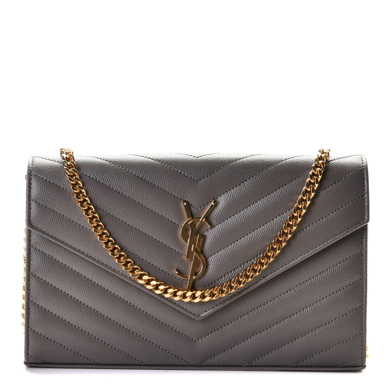 Saint Laurent Grain De Poudre Matelasse Chevron Monogram Chain Wallet Fog 1 of 7