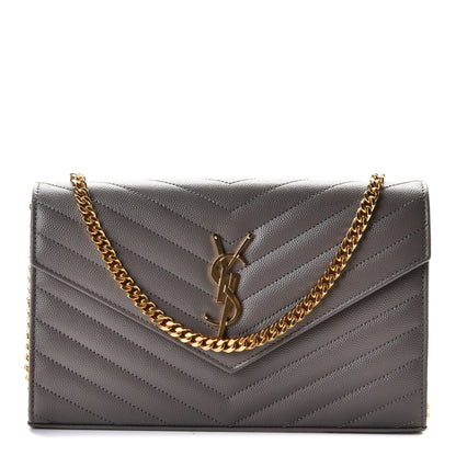 Saint Laurent Grain De Poudre Matelasse Chevron Monogram Chain Wallet Fog 1 of 7