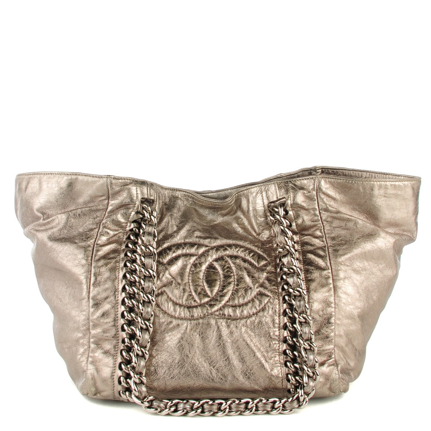 Metallic Cracked Calfskin Modern Chain Tote Dark Silver